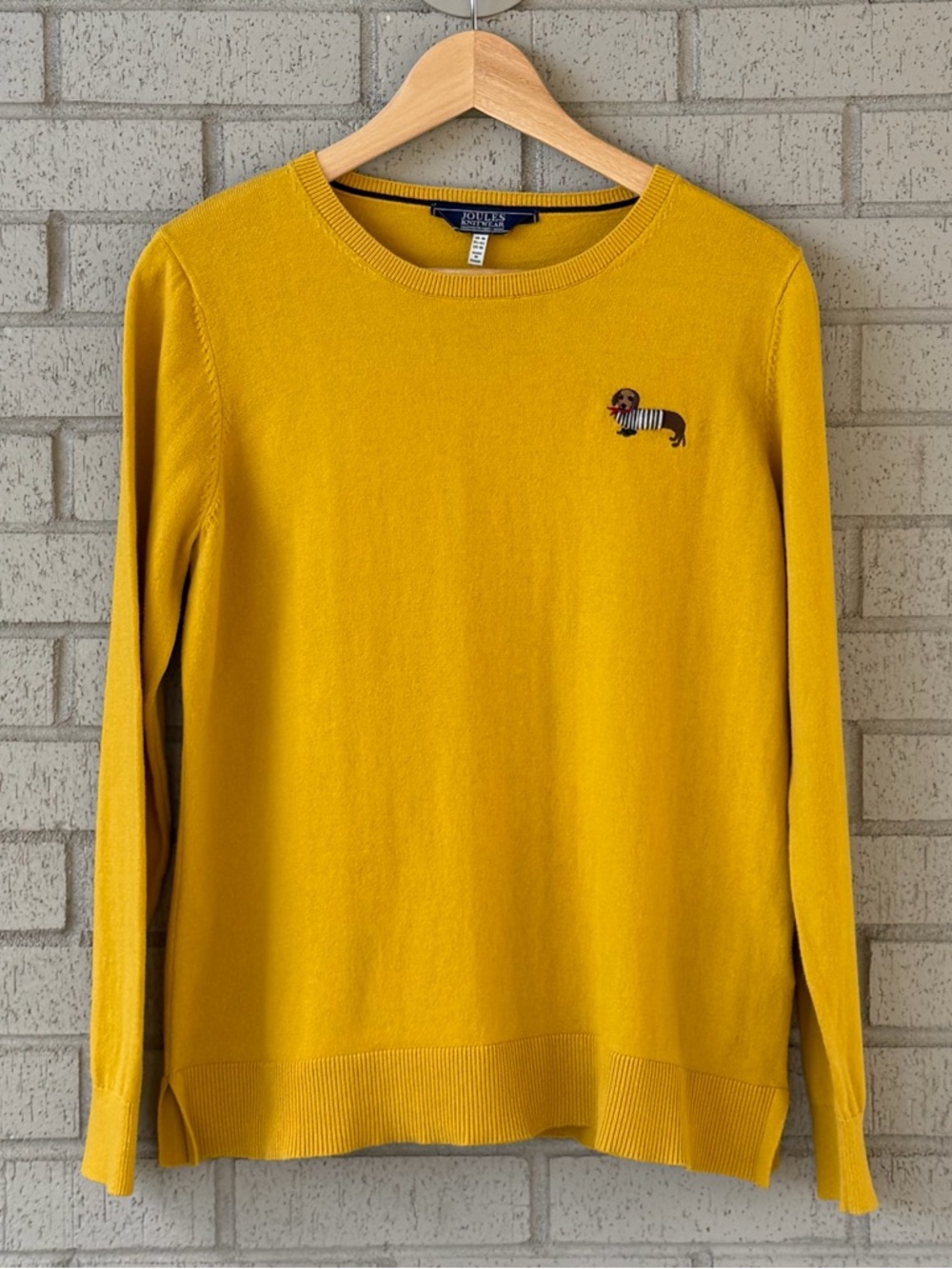 Joules Mustard Pullover Crew Neck Sweater Dachshund & Bunny Embroidery Size 10